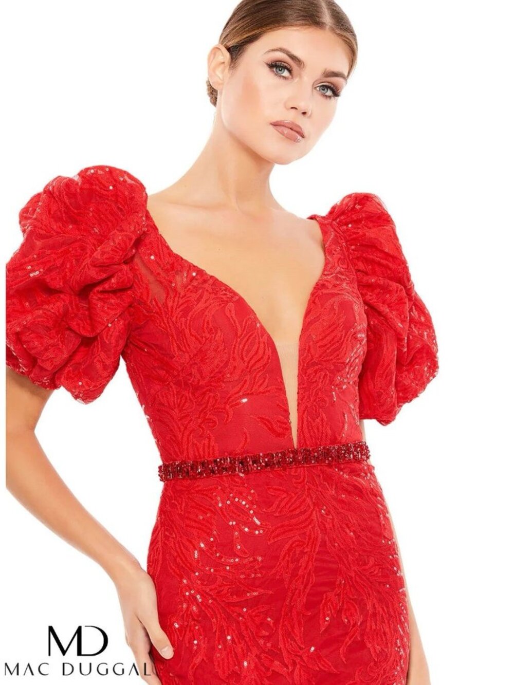 MAC DUGGAL Size 14 Red 12421 Embellished Puff Sleeve Plunge Neck Trumpet Gown - Picture 3 of 11